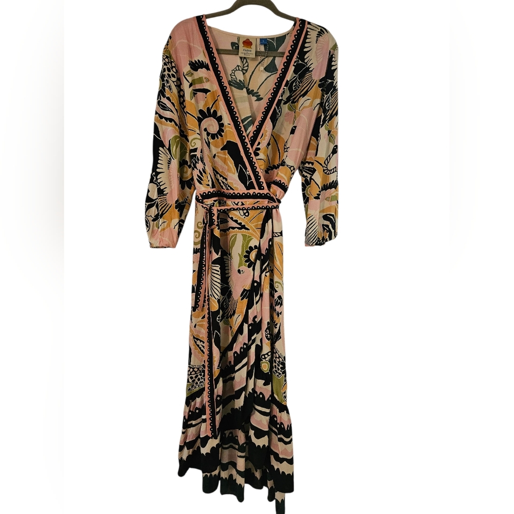 Anthropologie Floral Wrap Maxi Dress in Pink, Black & Olive